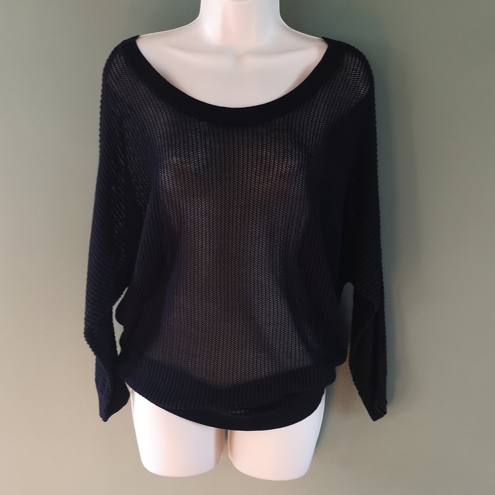 Slinky Sheer Knit Stretchy Slouchy 3/4 Sleeve Sweater Sz M Ricki's Black